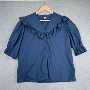 Vintage Malco Modes Shirt Womens M Blue Ruffle Collar Button Up Western USA